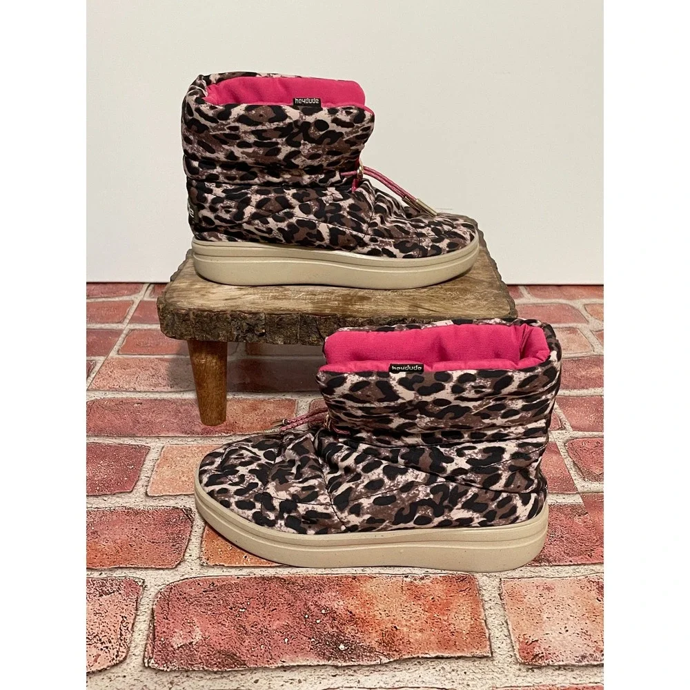 Hey Dude Margot Youth Eco Leopard Nut Puffy Boots Pink Lining Size 3 4 130471623